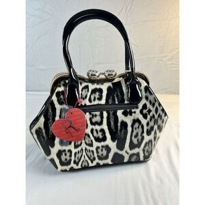 Rimen & Co Leopard Print Satchel Kiss Lock Frame Bag Rhinestone Clasp NWT